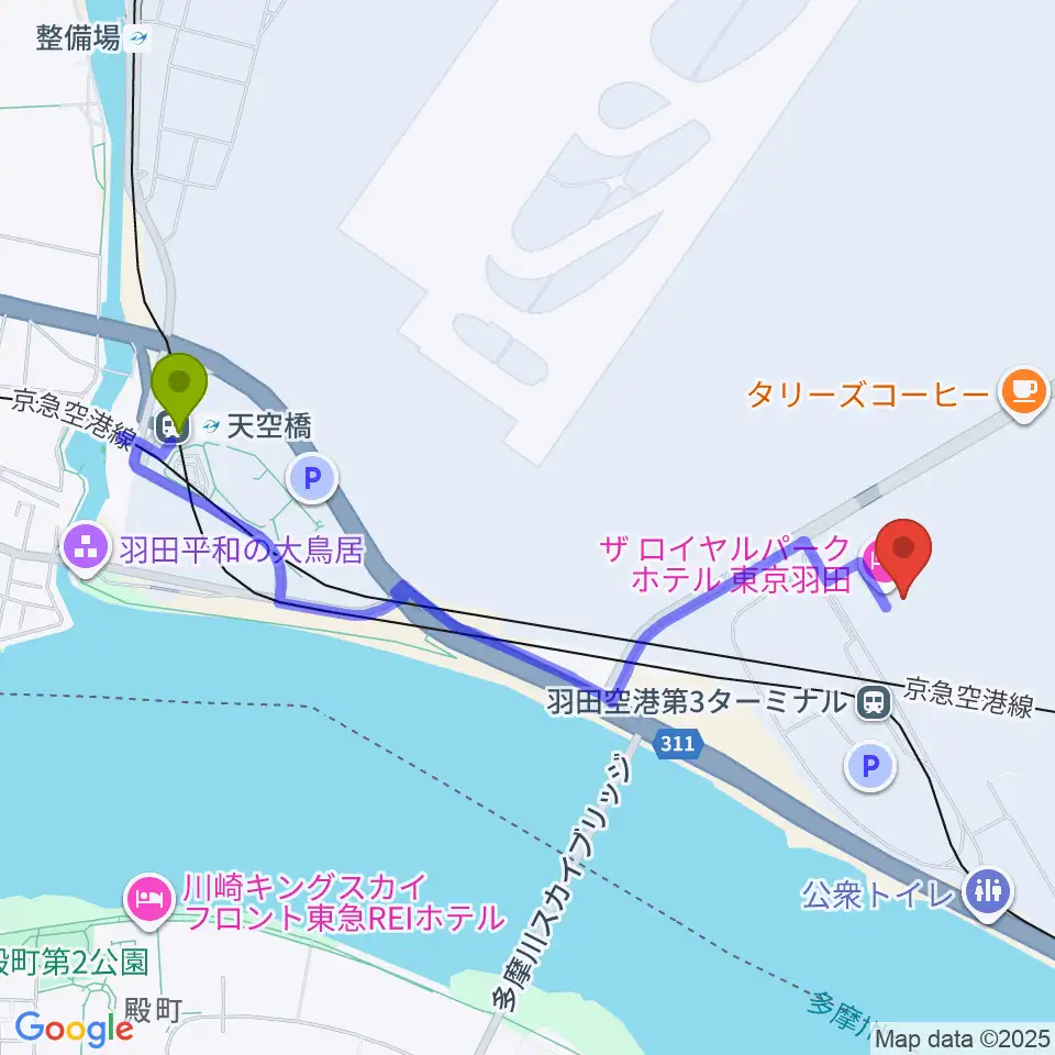 天空橋駅から羽田空港ティアットスカイホールへのルートマップ地図
