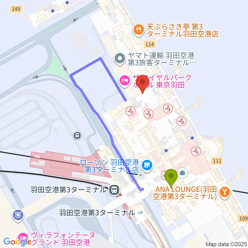 羽田空港ティアットスカイホールの最寄駅羽田空港第3ターミナル駅からの徒歩ルート（約3分）地図