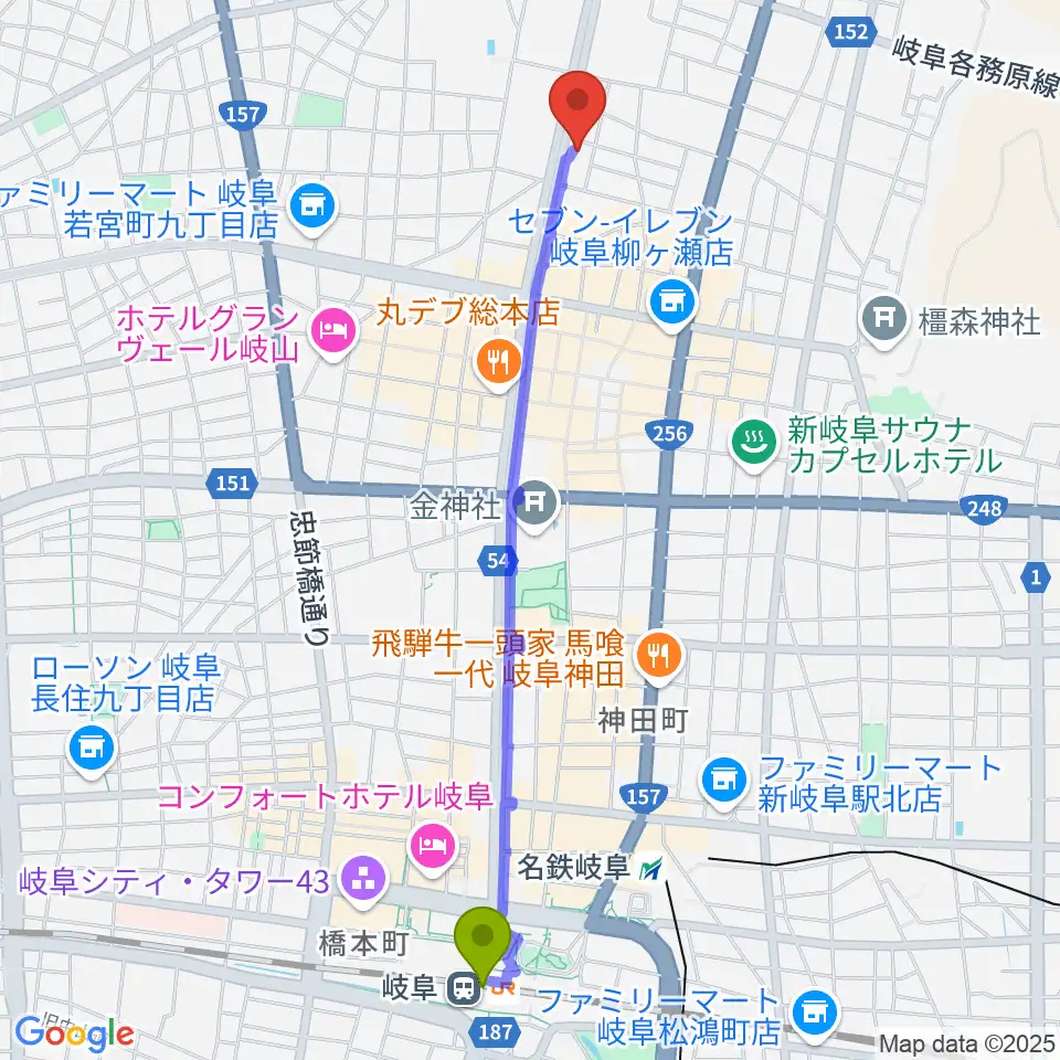 岐阜駅からドリームシアター岐阜へのルートマップ地図