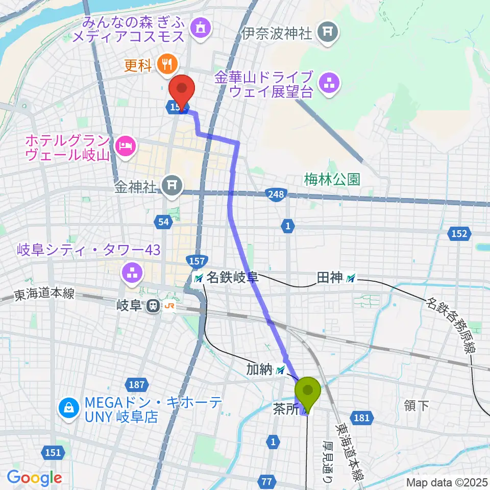 茶所駅からドリームシアター岐阜へのルートマップ地図
