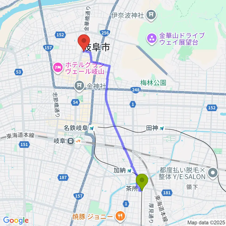 茶所駅からドリームシアター岐阜へのルートマップ地図