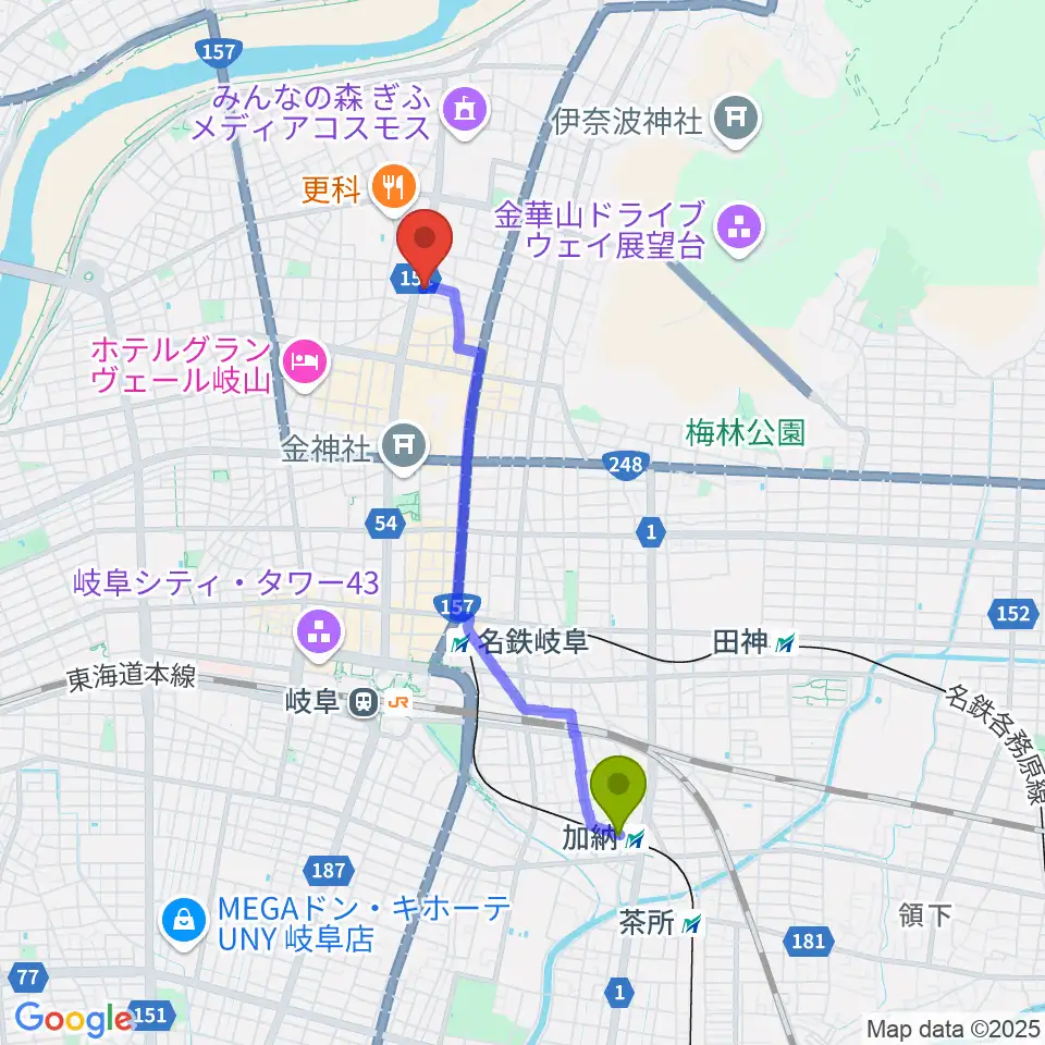 加納駅からドリームシアター岐阜へのルートマップ地図