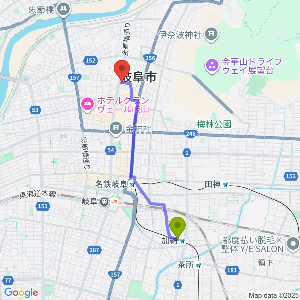 加納駅からドリームシアター岐阜へのルートマップ地図