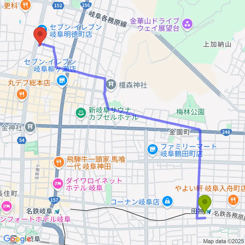 田神駅からドリームシアター岐阜へのルートマップ地図