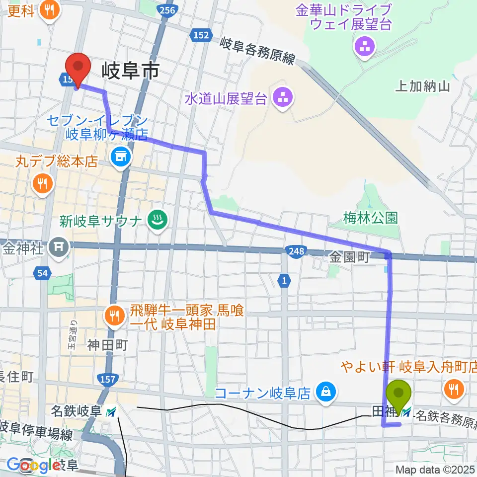 田神駅からドリームシアター岐阜へのルートマップ地図