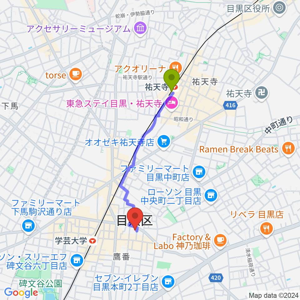 祐天寺駅からイリゼピアノ教室へのルートマップ地図