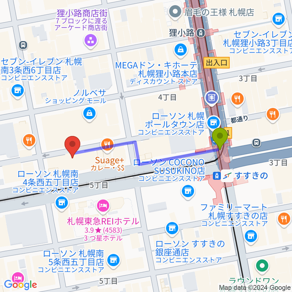 すすきの駅からCATS & DOGSへのルートマップ地図