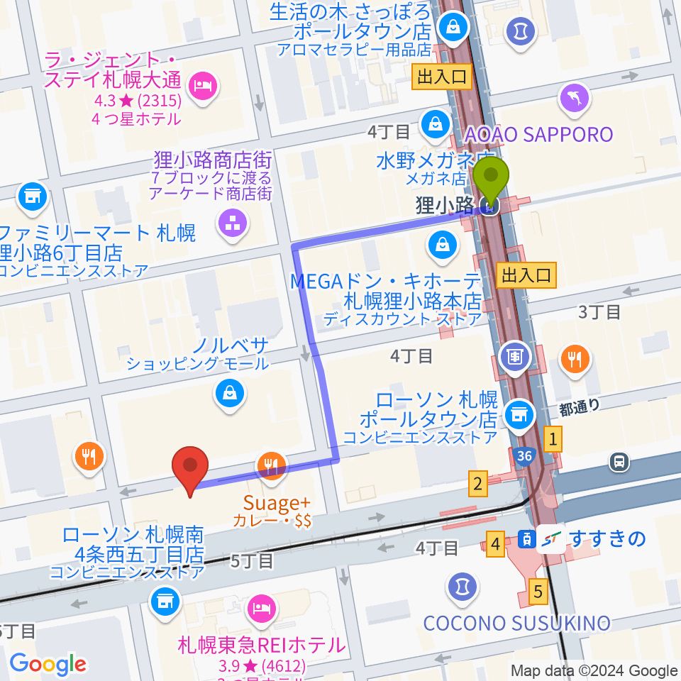 狸小路駅からCATS & DOGSへのルートマップ地図