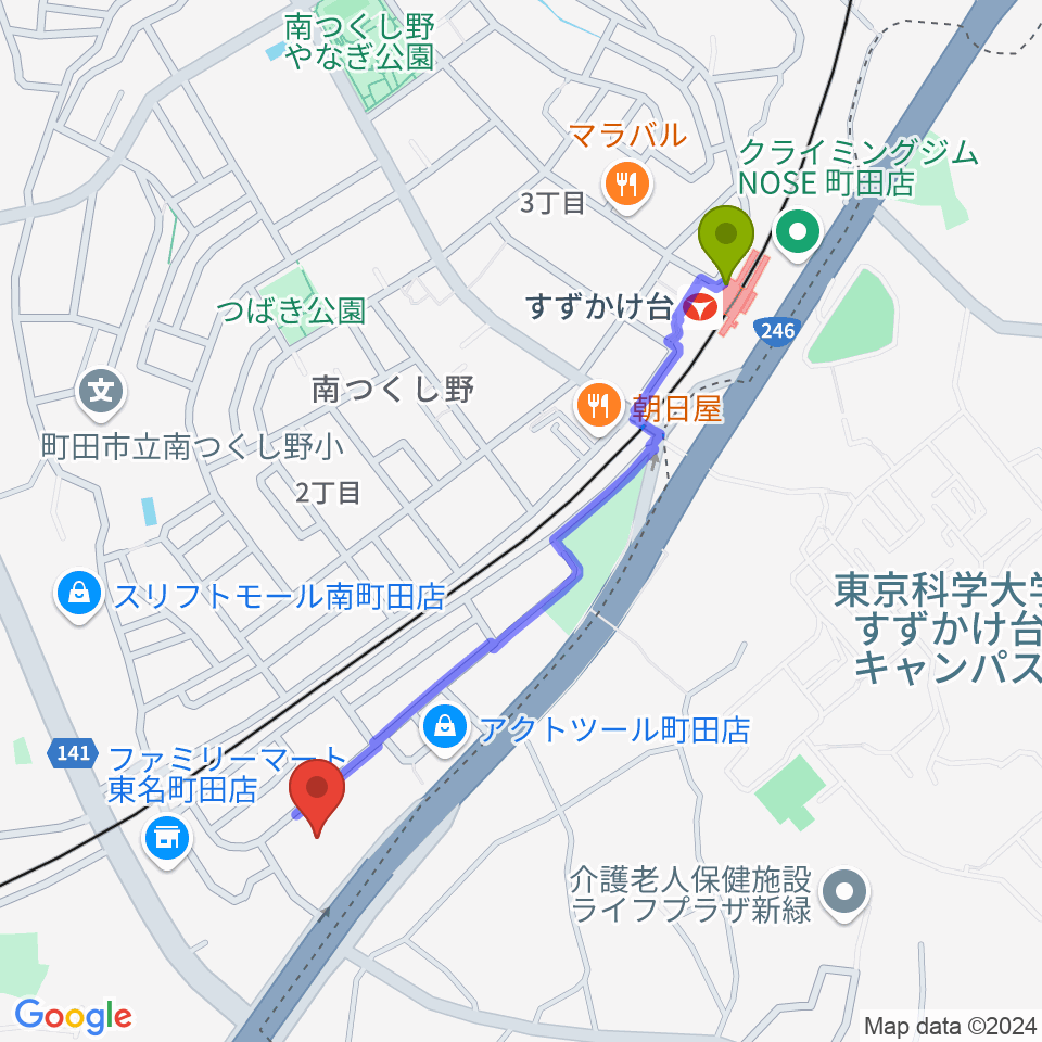 丸山ギター教室の最寄駅すずかけ台駅からの徒歩ルート（約10分）地図