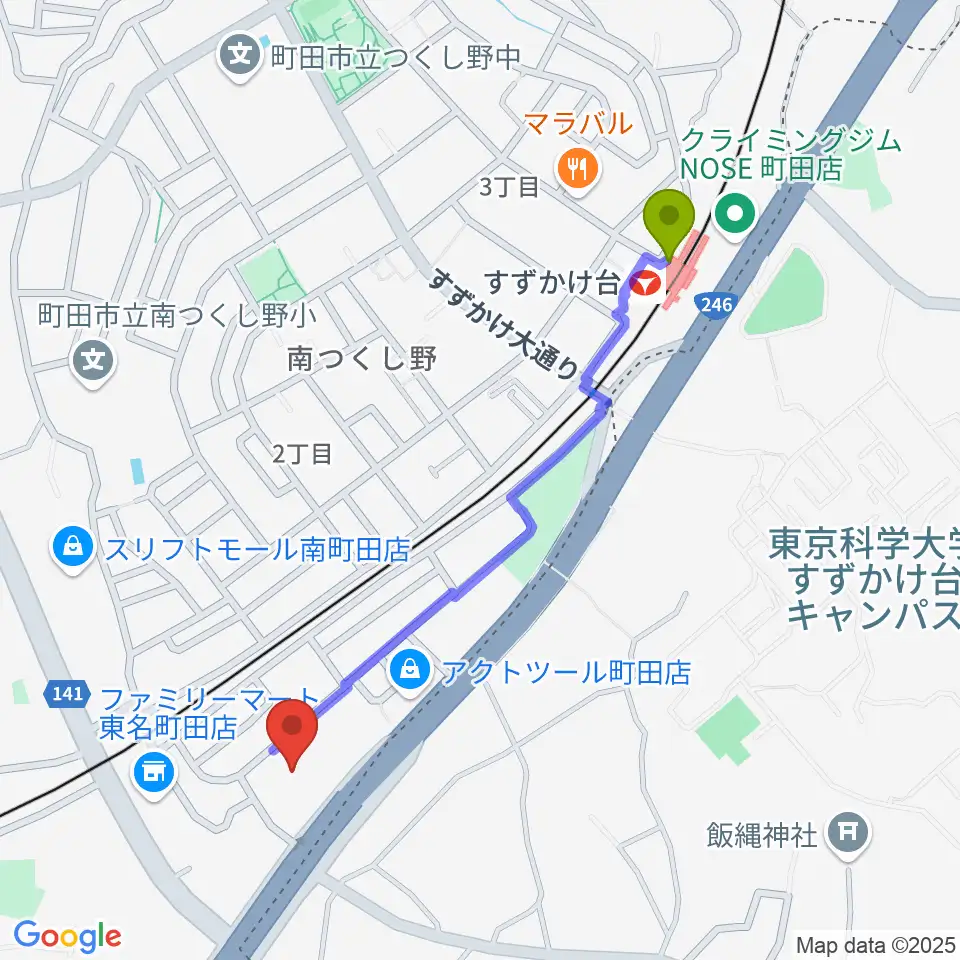丸山ギター教室の最寄駅すずかけ台駅からの徒歩ルート（約10分）地図