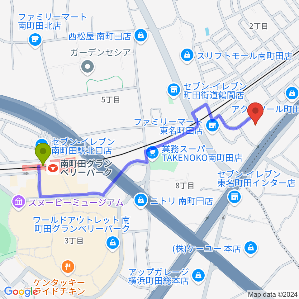 南町田グランベリーパーク駅から丸山ギター教室へのルートマップ地図