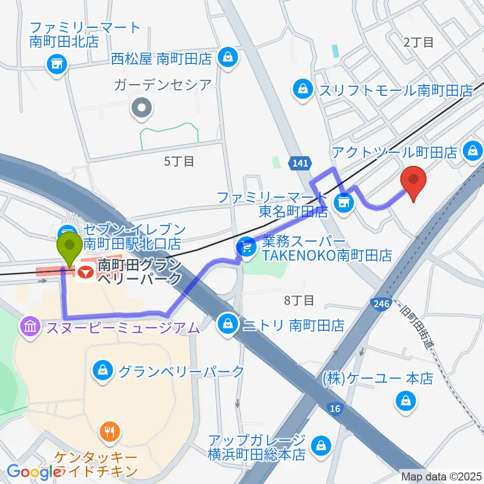 南町田グランベリーパーク駅から丸山ギター教室へのルートマップ地図
