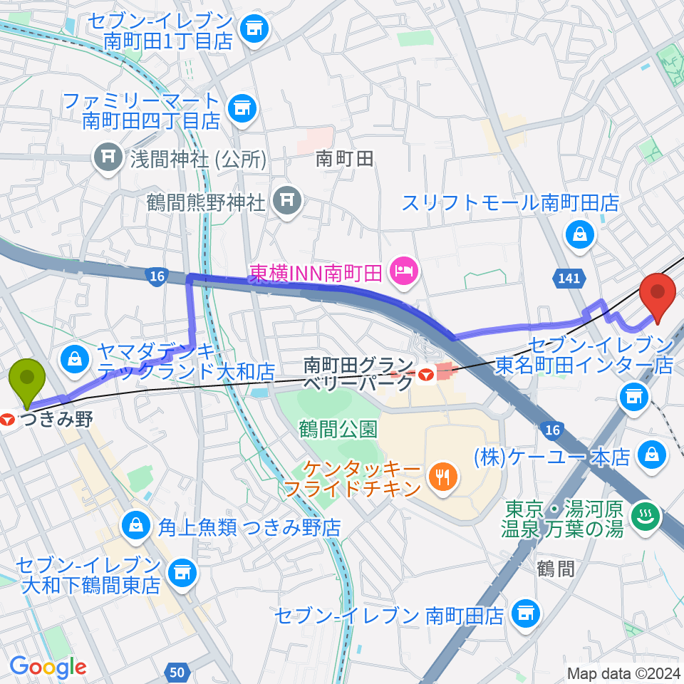 つきみ野駅から丸山ギター教室へのルートマップ地図