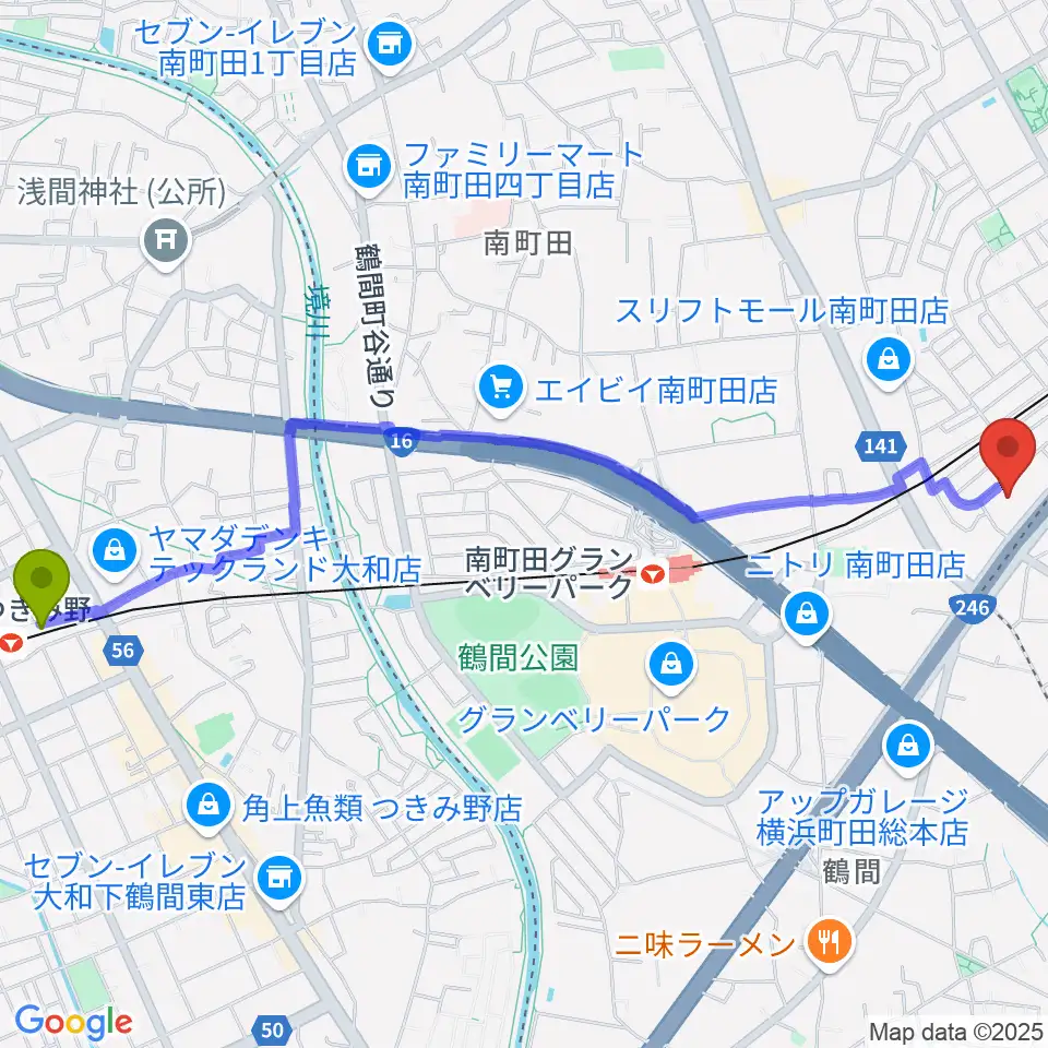 つきみ野駅から丸山ギター教室へのルートマップ地図