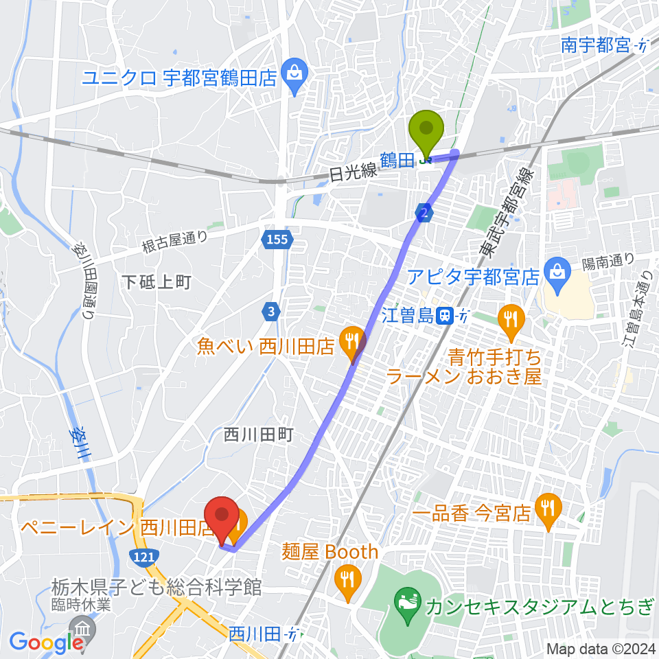 鶴田駅からヴァイオリン教室 Ariaへのルートマップ地図