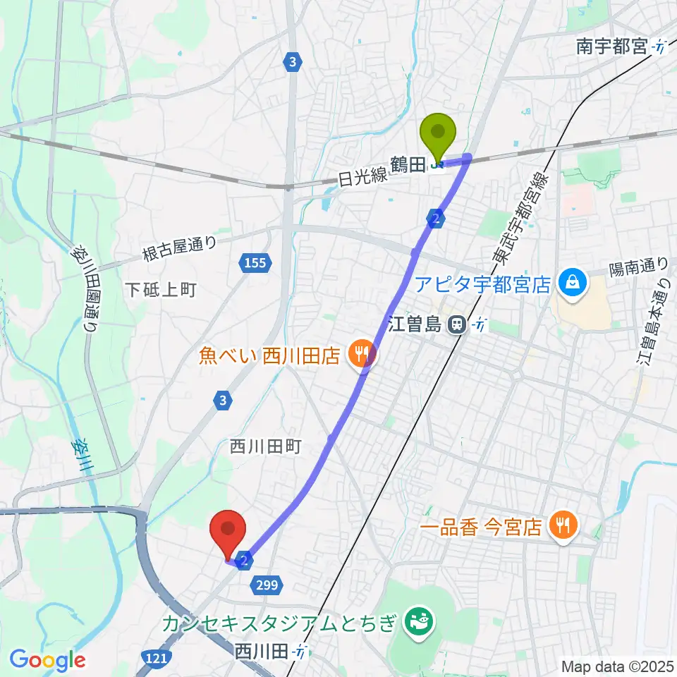 鶴田駅からヴァイオリン教室 Ariaへのルートマップ地図