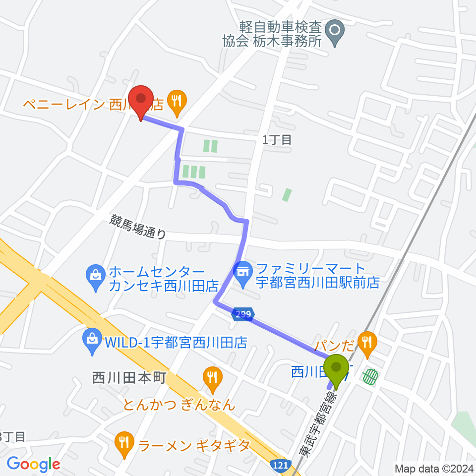 ヴァイオリン教室 Ariaの最寄駅西川田駅からの徒歩ルート（約11分）地図