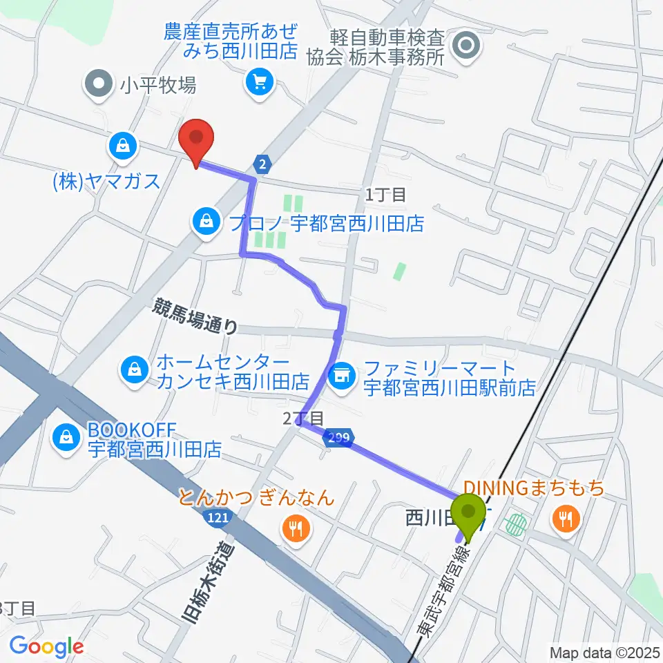 ヴァイオリン教室 Ariaの最寄駅西川田駅からの徒歩ルート（約11分）地図