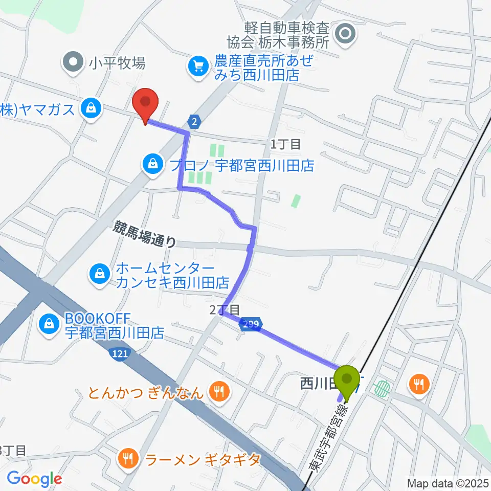 ヴァイオリン教室 Ariaの最寄駅西川田駅からの徒歩ルート（約11分）地図