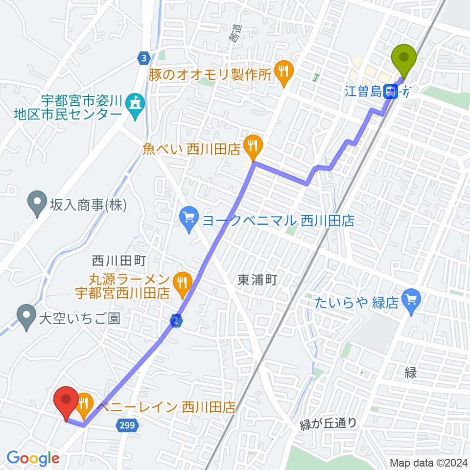 江曽島駅からヴァイオリン教室 Ariaへのルートマップ地図