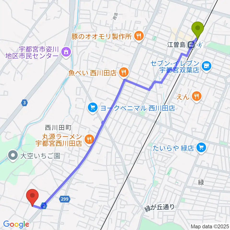 江曽島駅からヴァイオリン教室 Ariaへのルートマップ地図