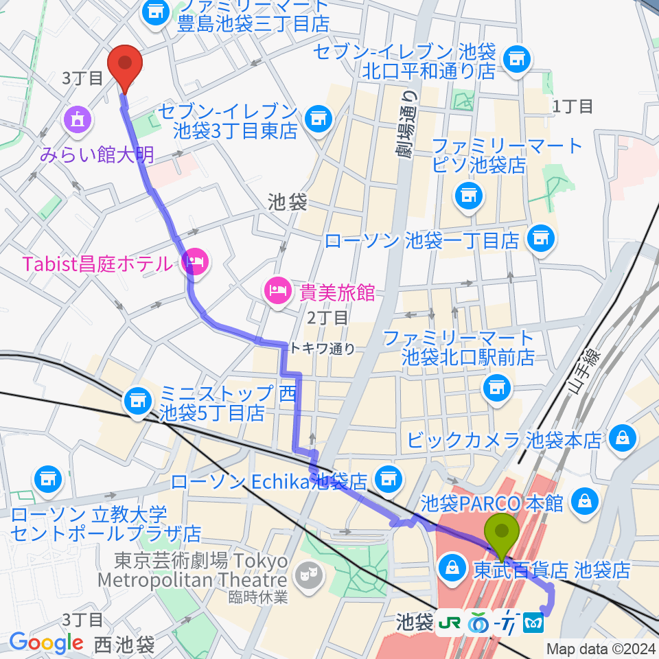 池袋駅から池袋ビッグバンボックスへのルートマップ地図