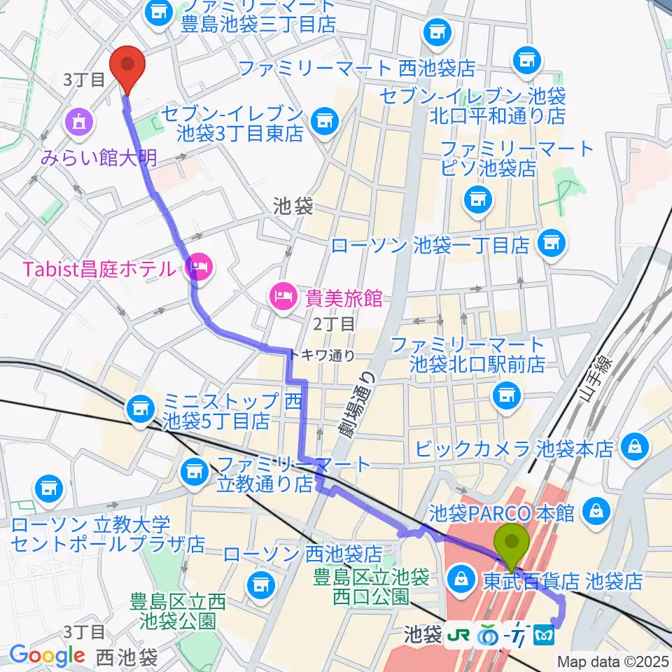 池袋駅から池袋ビッグバンボックスへのルートマップ地図