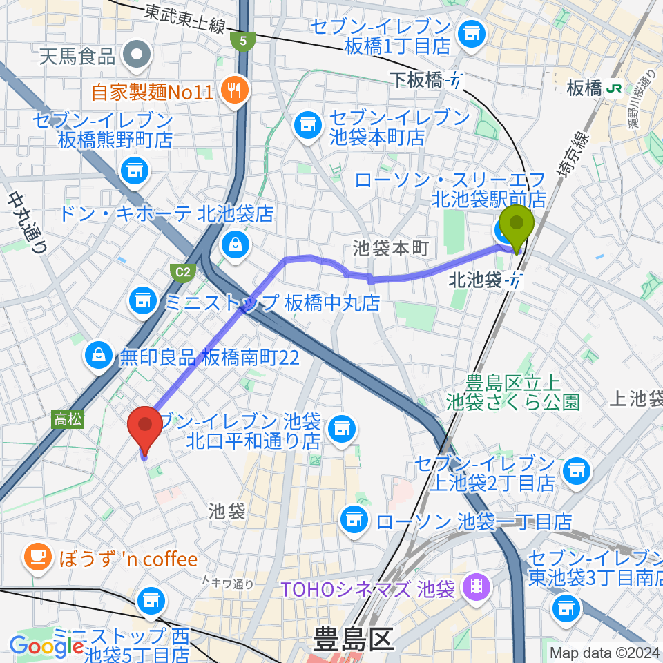 北池袋駅から池袋ビッグバンボックスへのルートマップ地図