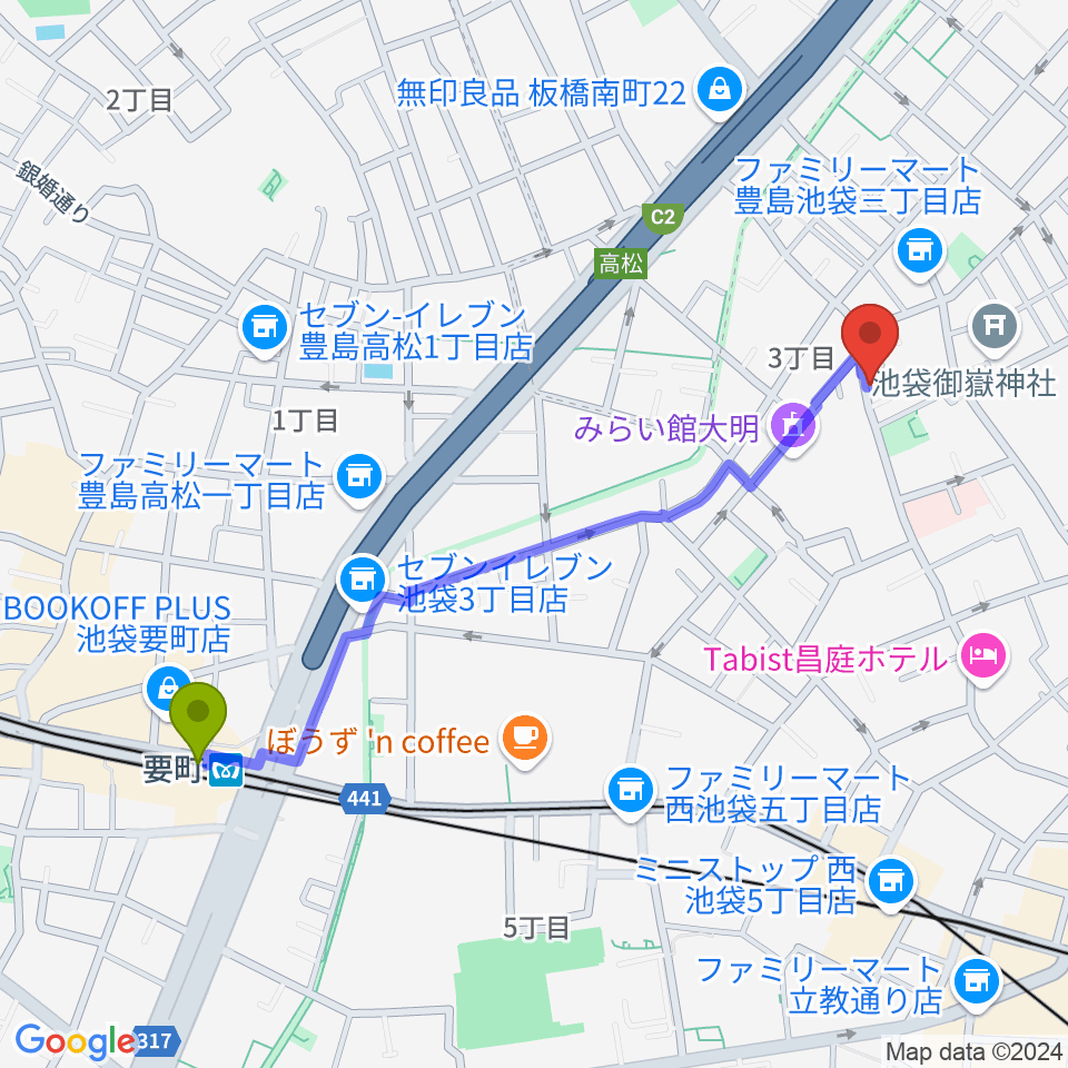 池袋ビッグバンボックスの最寄駅要町駅からの徒歩ルート（約11分）地図