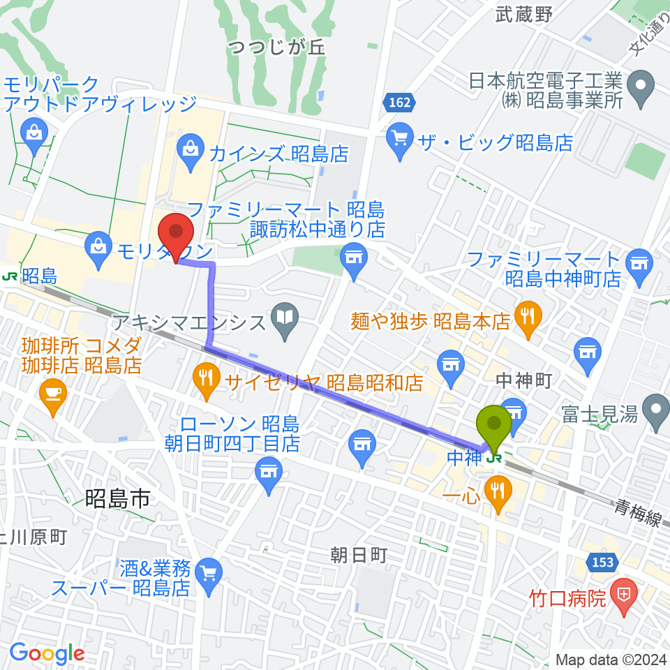 中神駅からFOSTERホール 昭島市民会館へのルートマップ地図