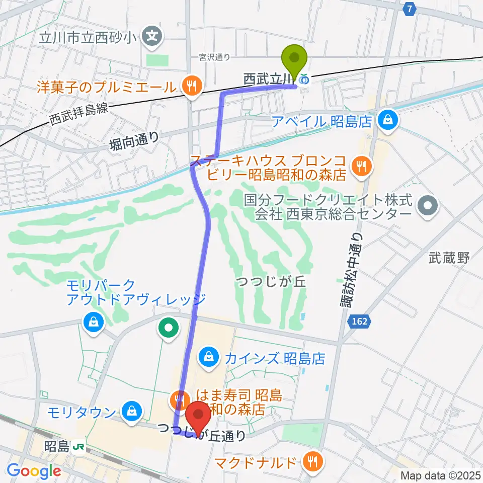 西武立川駅からFOSTERホール 昭島市民会館へのルートマップ地図