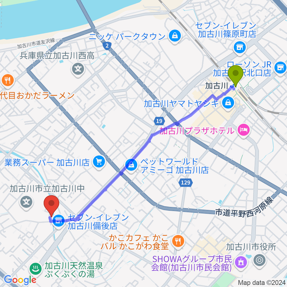 加古川駅からギター工房サウンドリバーへのルートマップ地図