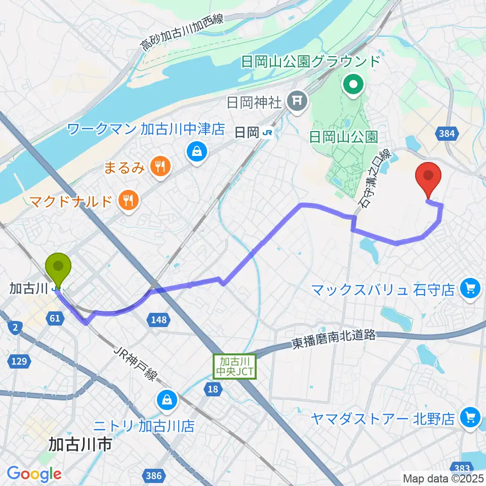 加古川駅からギター工房サウンドリバーへのルートマップ地図