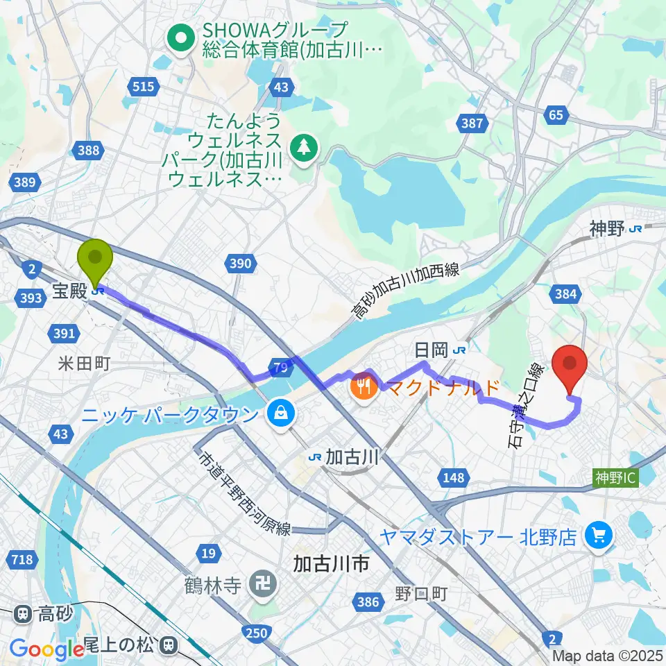 宝殿駅からギター工房サウンドリバーへのルートマップ地図