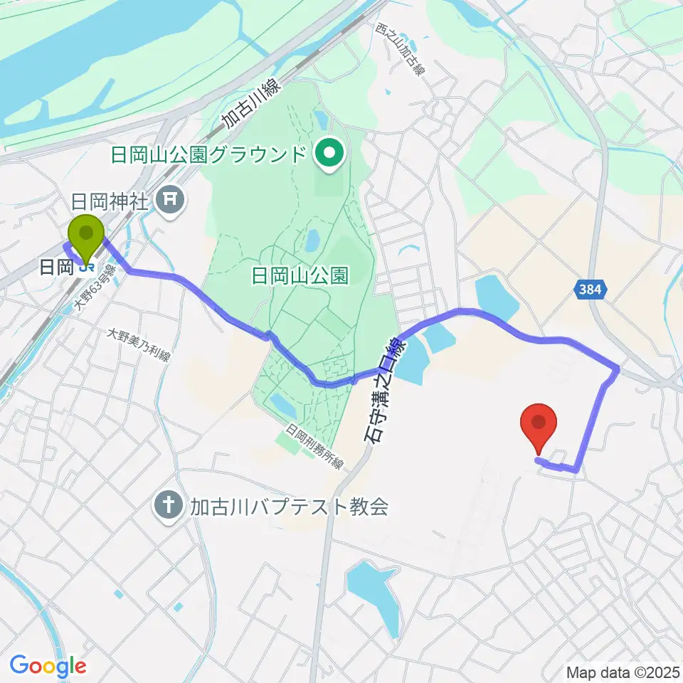 ギター工房サウンドリバーの最寄駅日岡駅からの徒歩ルート（約23分）地図
