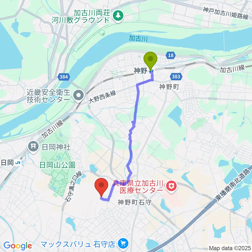 神野駅からギター工房サウンドリバーへのルートマップ地図