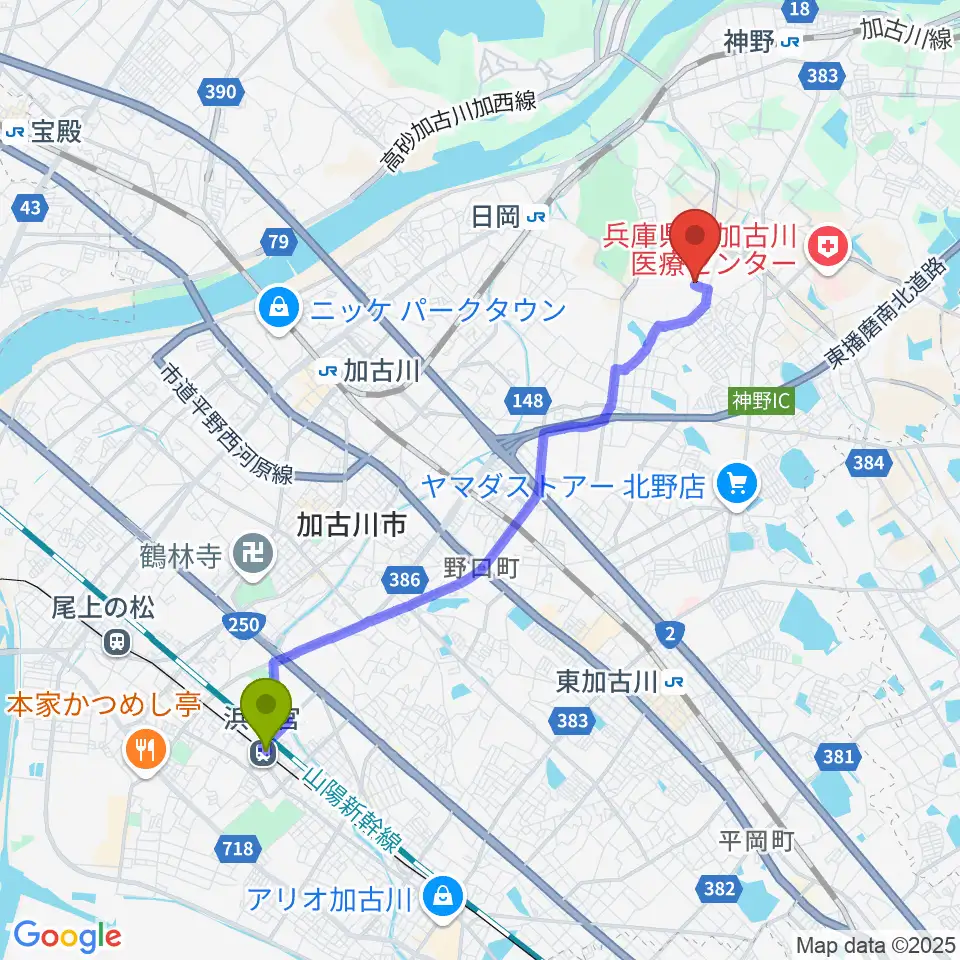 浜の宮駅からギター工房サウンドリバーへのルートマップ地図