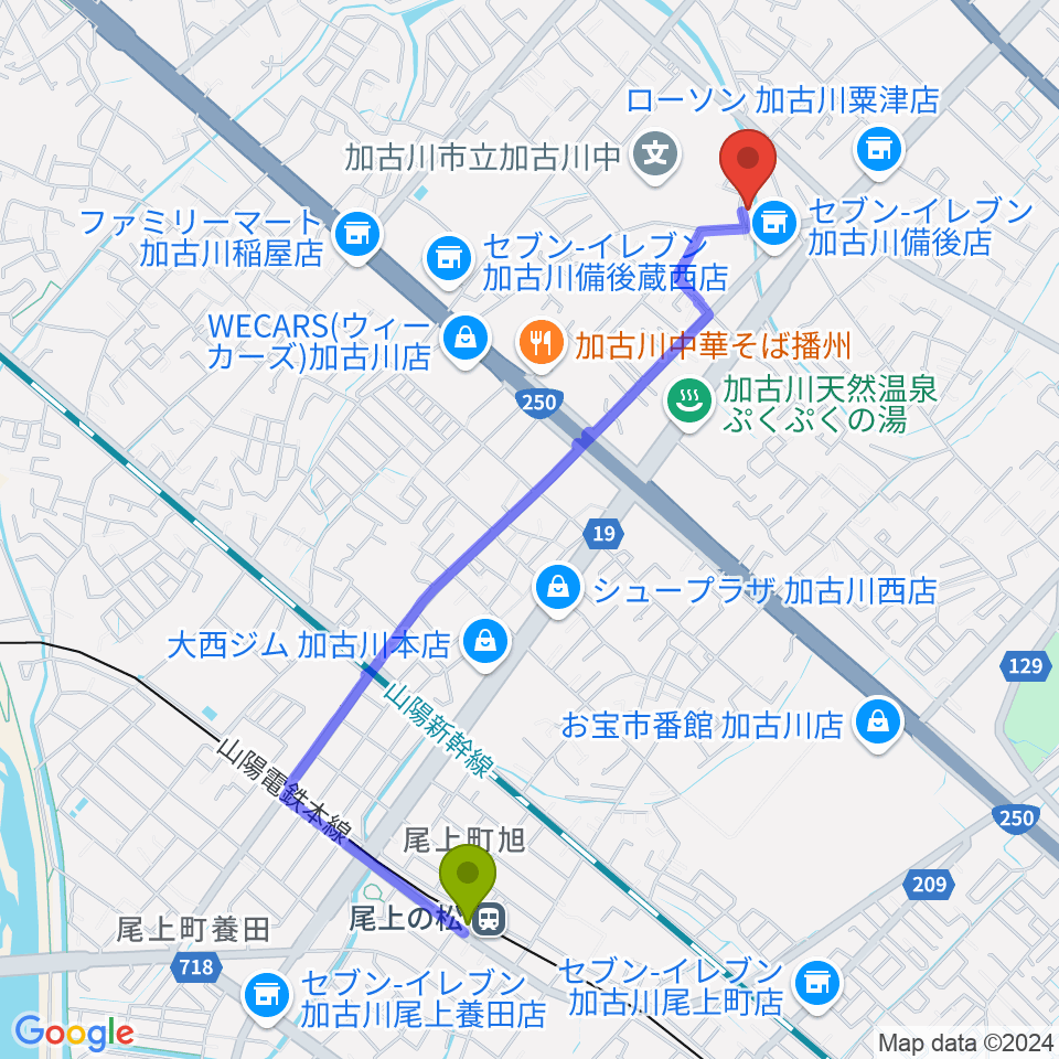 ギター工房サウンドリバーの最寄駅尾上の松駅からの徒歩ルート（約23分）地図