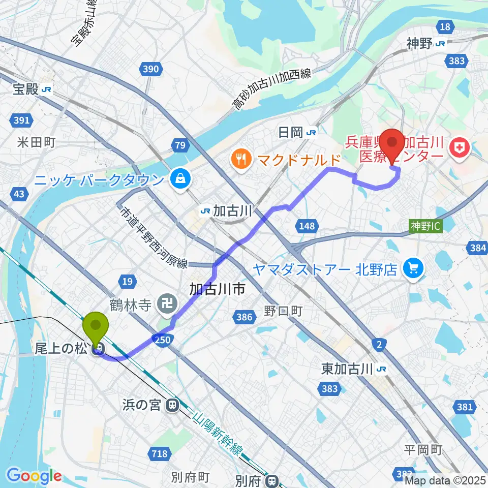 尾上の松駅からギター工房サウンドリバーへのルートマップ地図