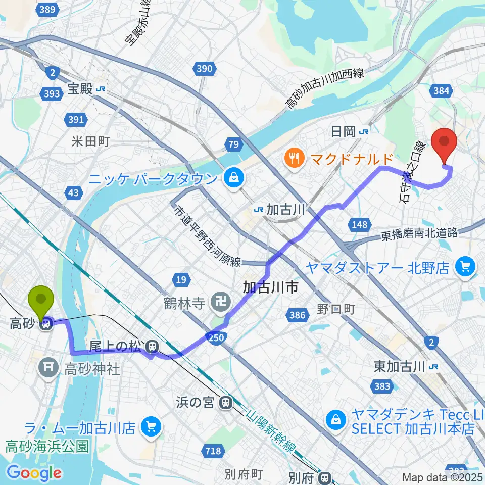 高砂駅からギター工房サウンドリバーへのルートマップ地図