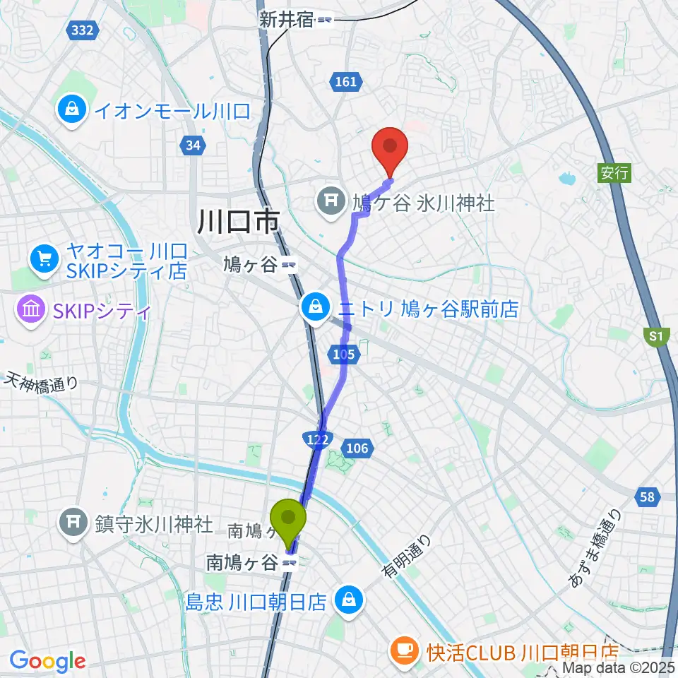 南鳩ヶ谷駅から音楽教室GUPPA！へのルートマップ地図