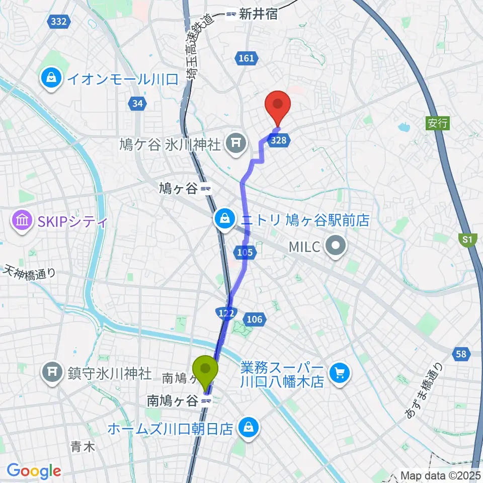 南鳩ヶ谷駅から音楽教室GUPPA！へのルートマップ地図