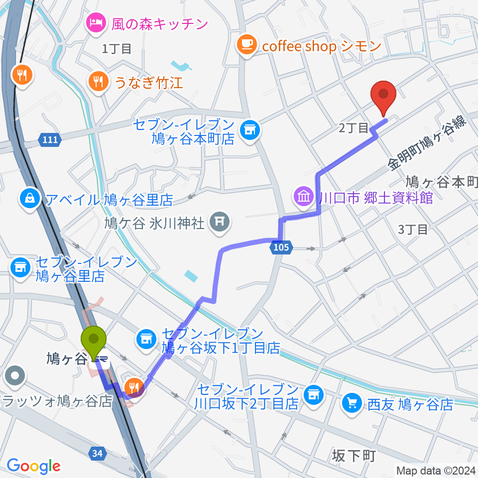 音楽教室GUPPA！の最寄駅鳩ヶ谷駅からの徒歩ルート（約12分）地図