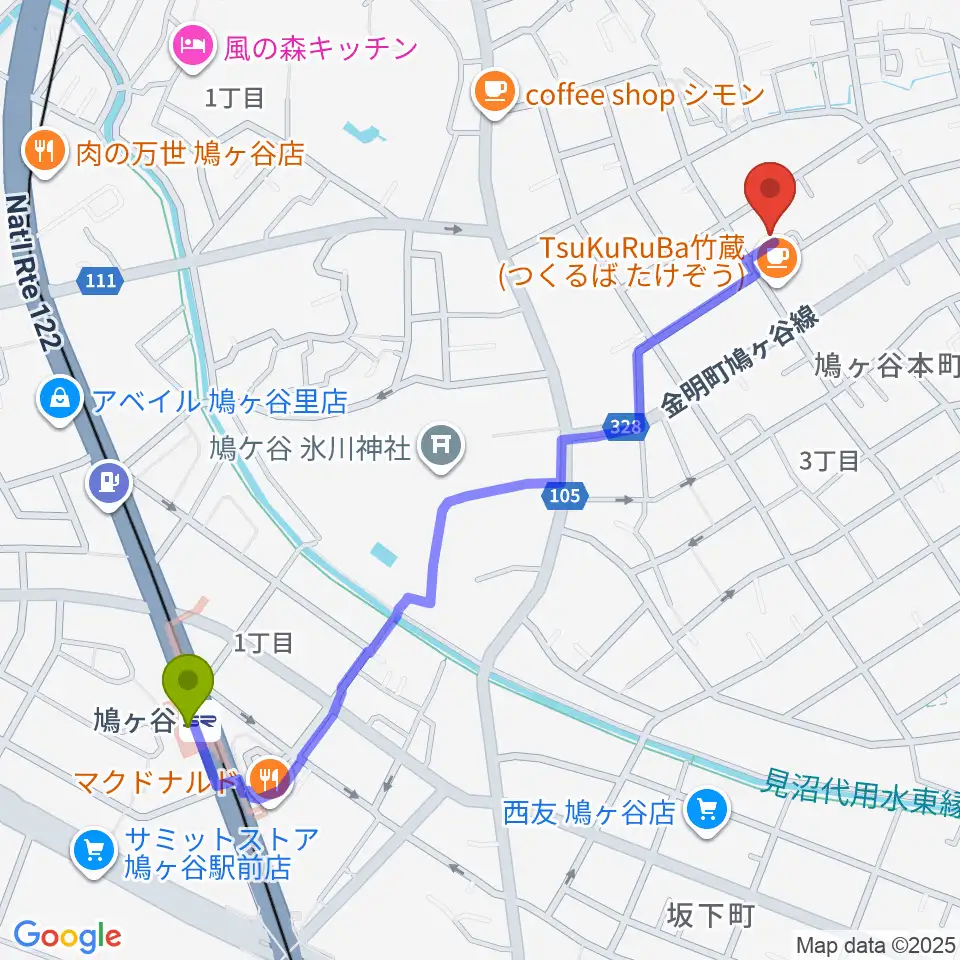 音楽教室GUPPA！の最寄駅鳩ヶ谷駅からの徒歩ルート（約12分）地図