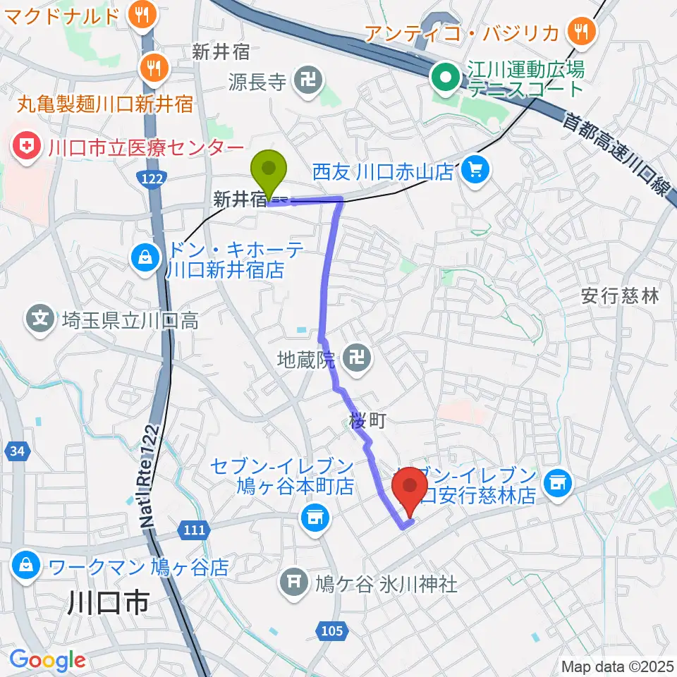 新井宿駅から音楽教室GUPPA！へのルートマップ地図