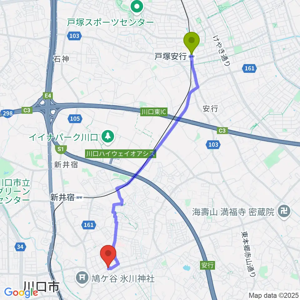 戸塚安行駅から音楽教室GUPPA！へのルートマップ地図