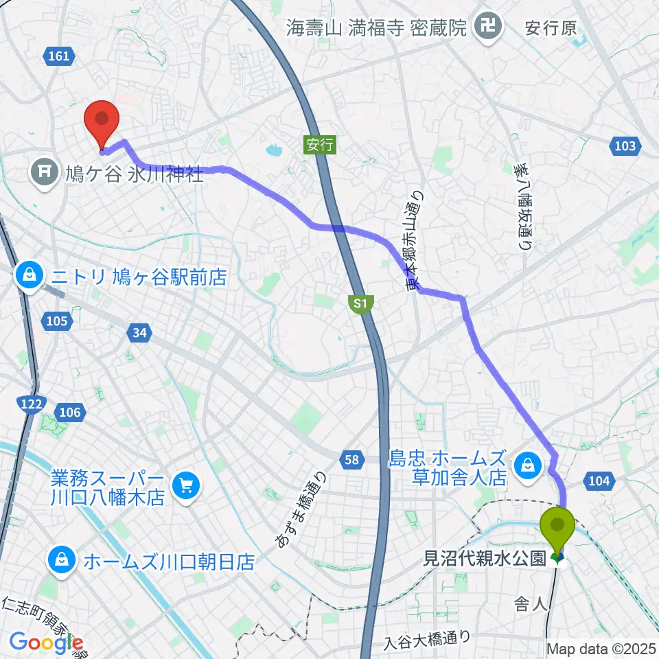 見沼代親水公園駅から音楽教室GUPPA！へのルートマップ地図
