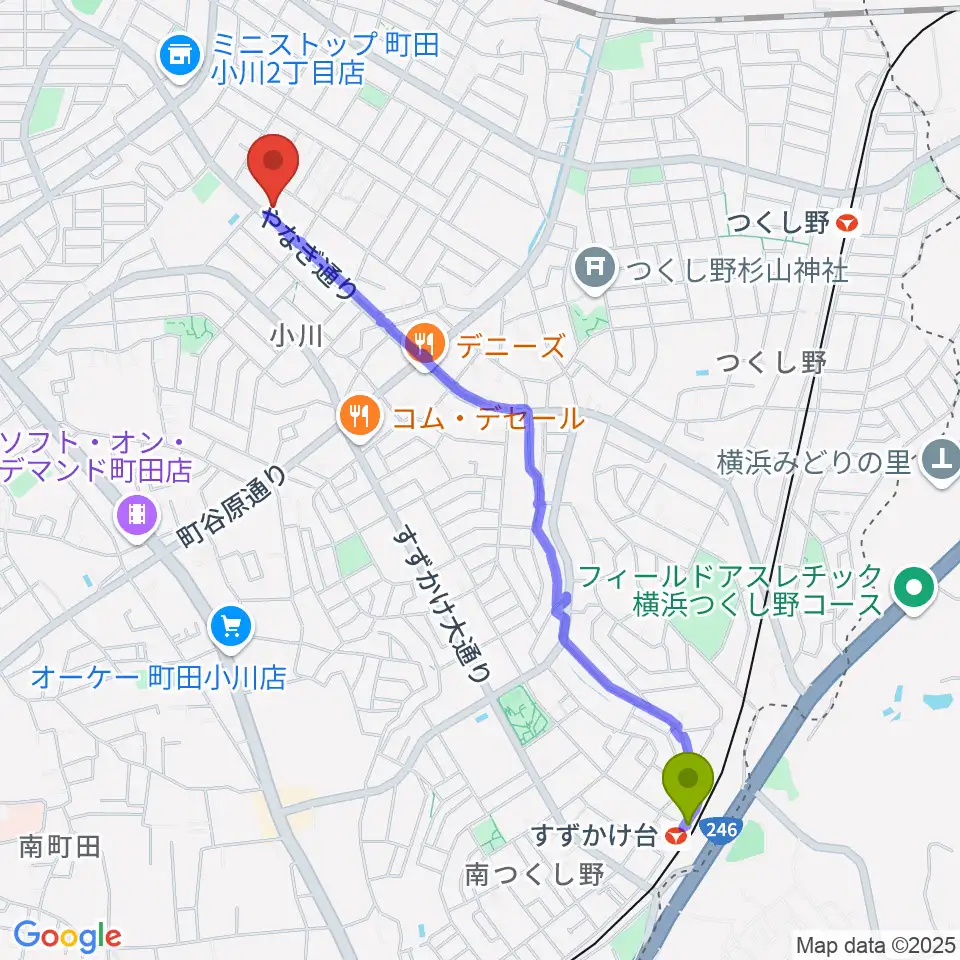 すずかけ台駅からダッチママスタジオへのルートマップ地図