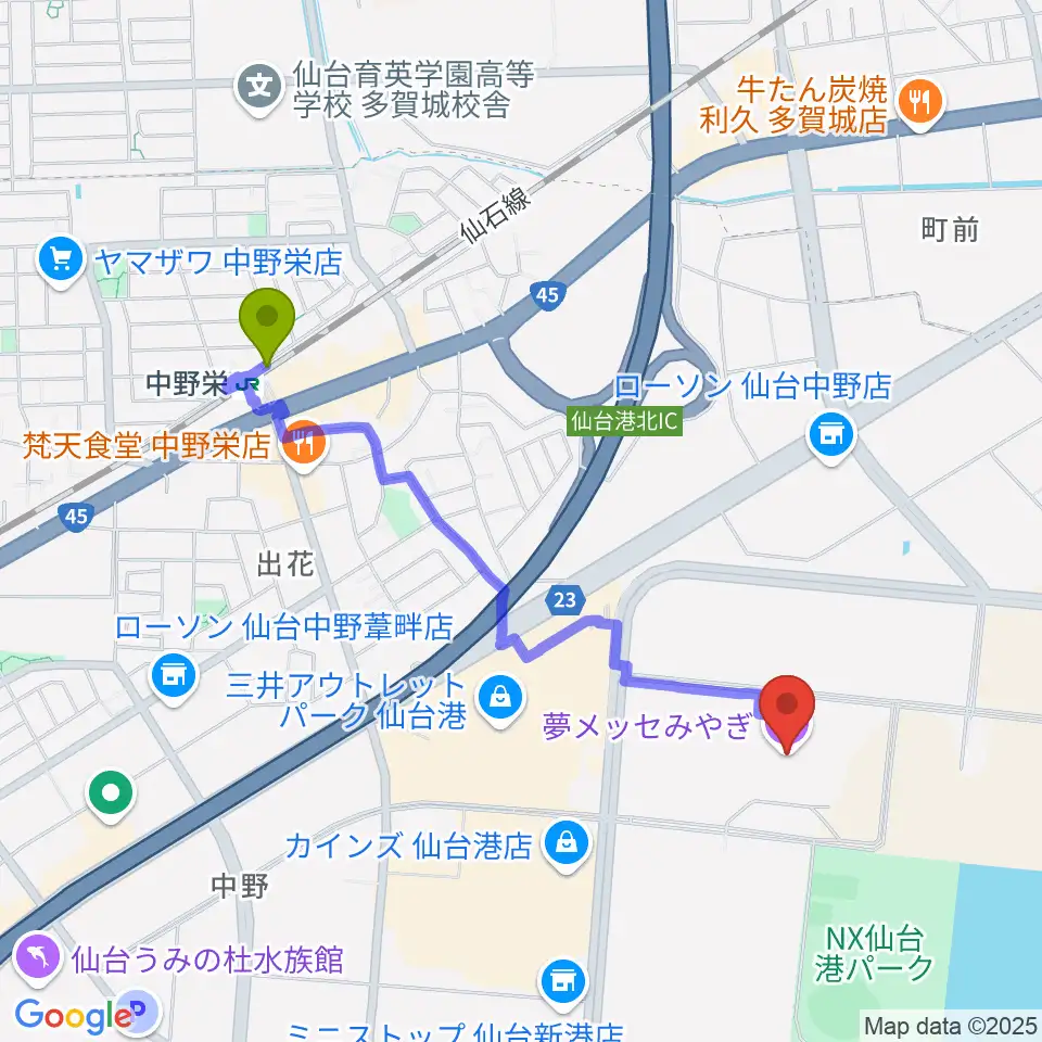 夢メッセみやぎの最寄駅中野栄駅からの徒歩ルート（約19分）地図