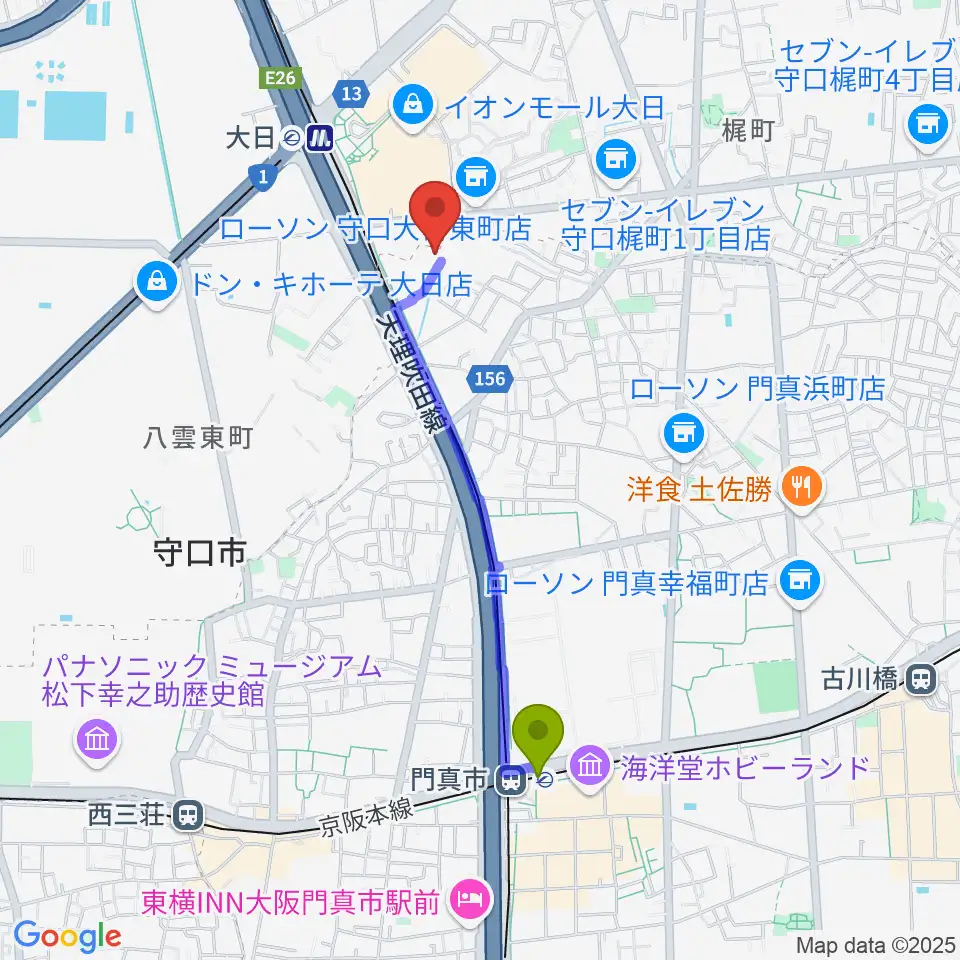 門真市駅から大東楽器ヤマハピアノストアへのルートマップ地図